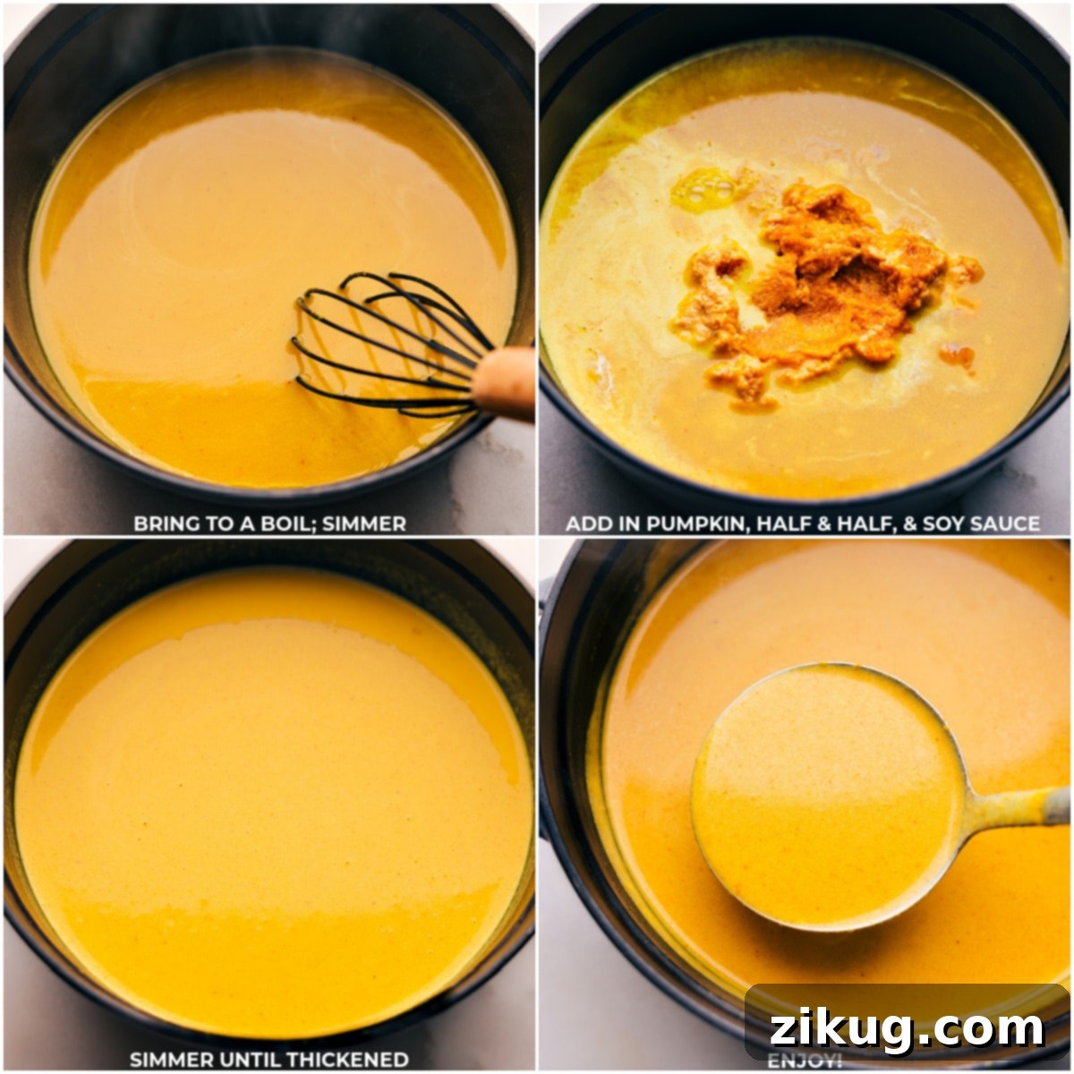 The Pumpkin Curry Soup simmering in a pot, followed by a close-up of pumpkin, half-and-half, and soy sauce being whisked into the mixture.