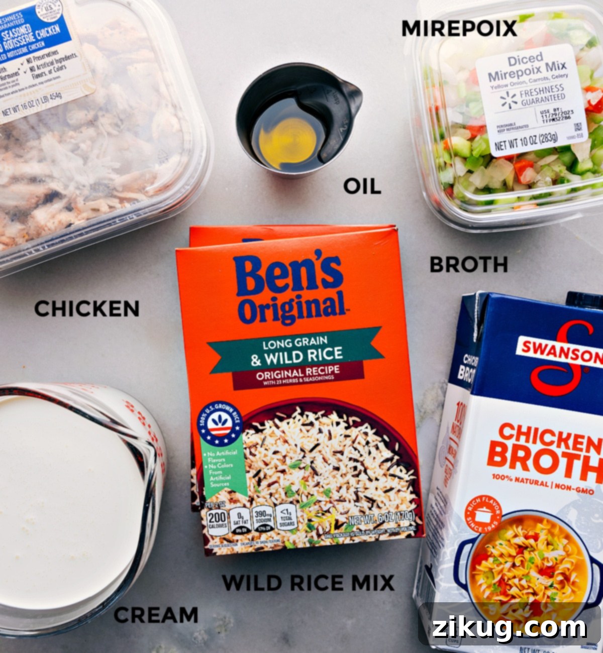 Essential Ingredients for Creamy Chicken And Wild Rice Soup Fresh and simple ingredients laid out for a quick and easy creamy chicken and wild rice soup recipe.