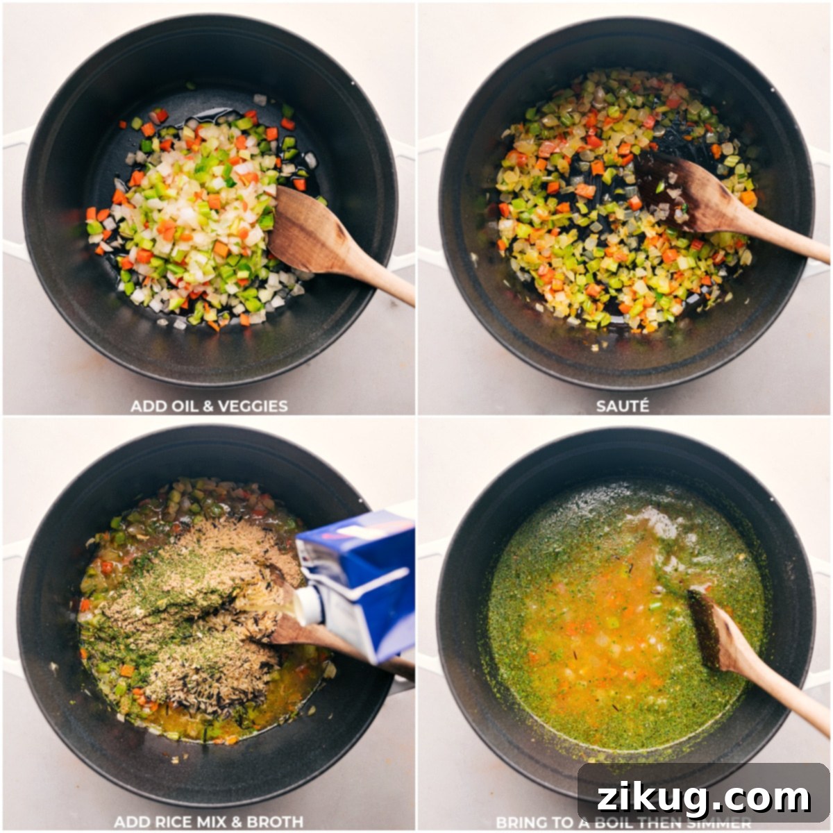 Step-by-Step Making Creamy Chicken And Wild Rice Soup The cooking process of Creamy Chicken and Wild Rice Soup, showing oil, vegetables, rice, and broth simmering together in a pot.