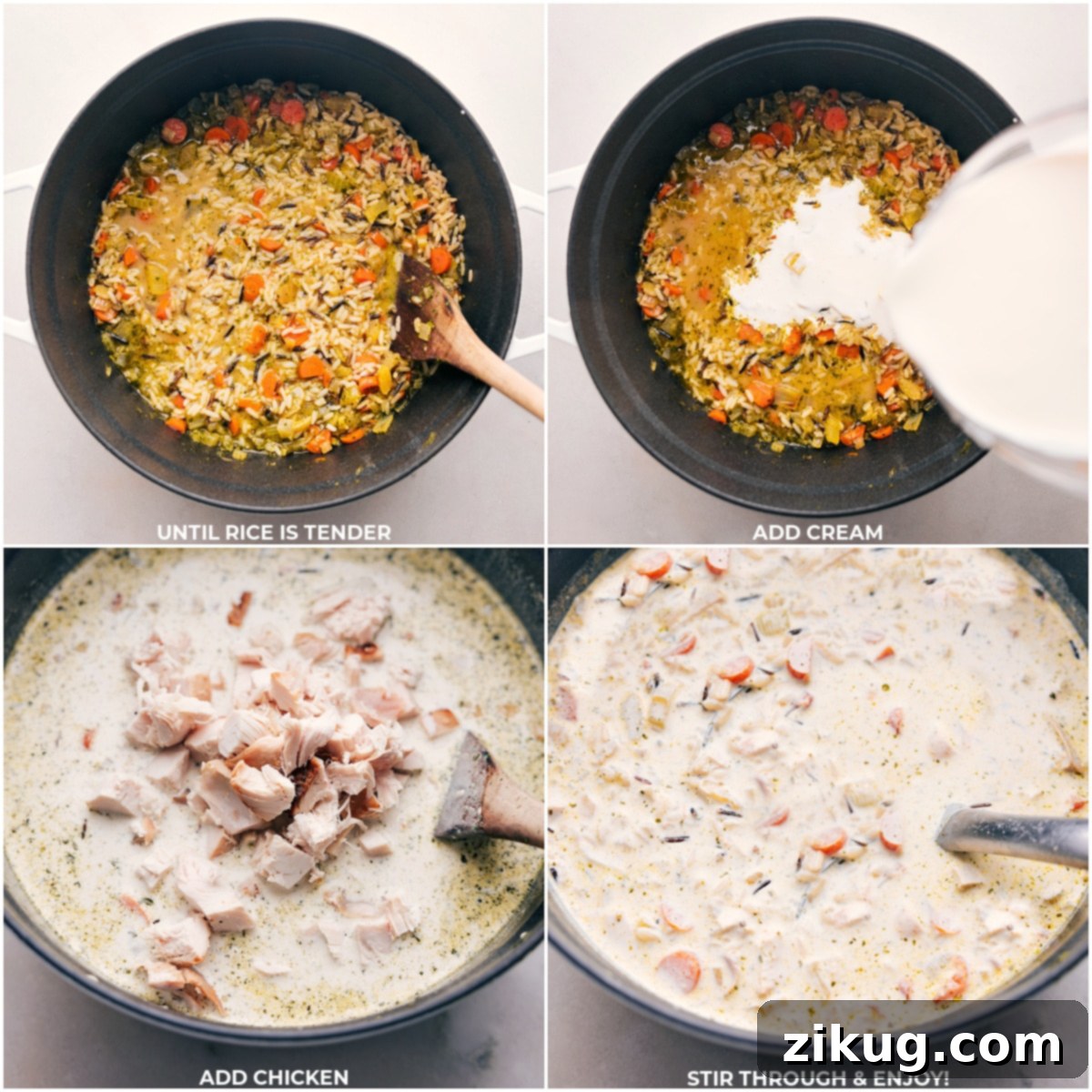 Simple Steps To Making Creamy Chicken And Wild Rice Soup Adding cream and shredded chicken to the simmering pot, the final steps for a rich and delicious soup.