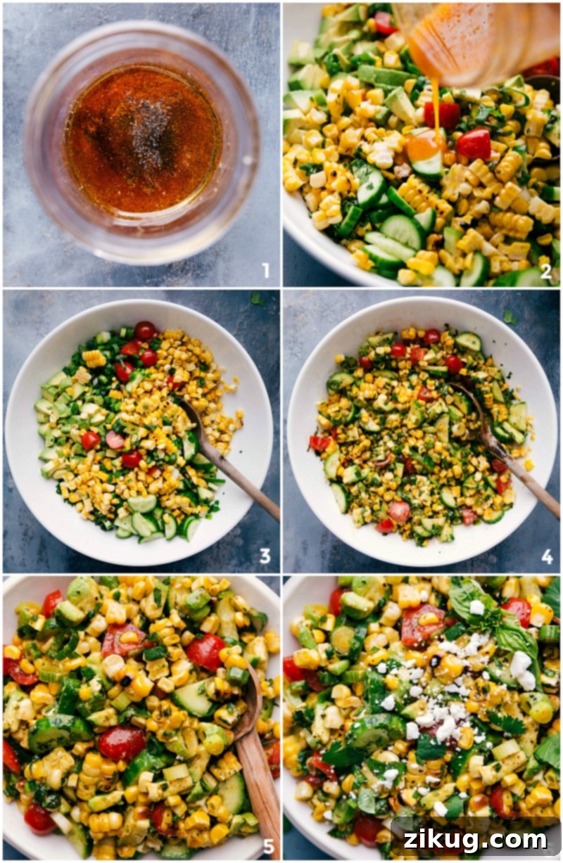 A visual sequence demonstrating the final steps of preparing the corn salad. First, a light, golden dressing is poured over the colorful corn and vegetable mixture. Next, a serving spoon gently stirs the ingredients to ensure even coating. Finally, fresh, crumbled feta cheese is generously sprinkled over the perfectly mixed salad, making it ready to serve.