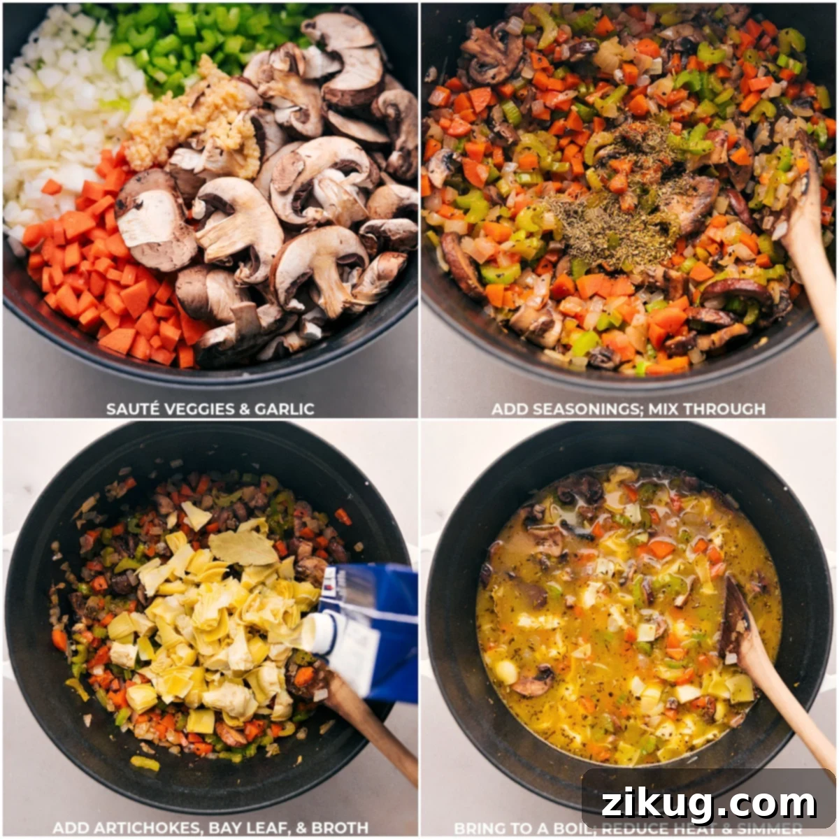 Sautéed vegetables and garlic cooking in a large pot, with various seasonings and chicken broth being added, ready for the simmering process to develop deep flavors.
