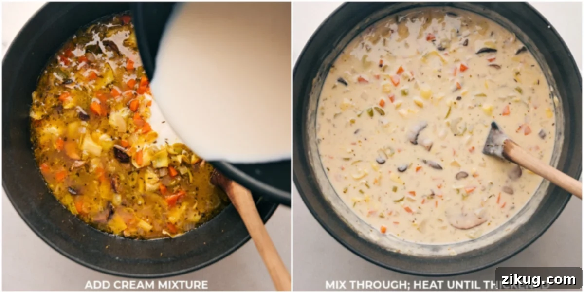 Rich, thick cream being poured into the delicious vegetable and artichoke mixture in a pot, which is then heated and stirred until it thickens to a beautifully smooth and creamy consistency.