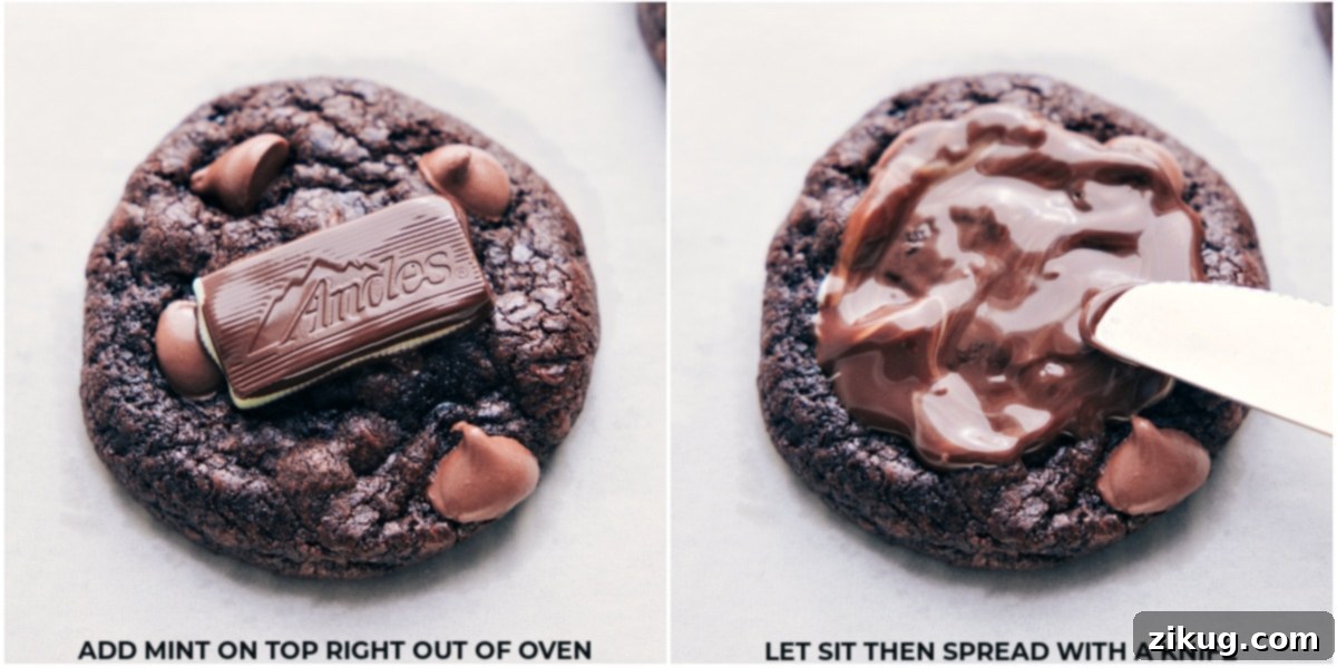 Adding the delicious andes mint on top of the cookies right out of the oven, letting it sit until melted and spreading it with a knife to cover the top of the delicious chocolate andes mint cookies.