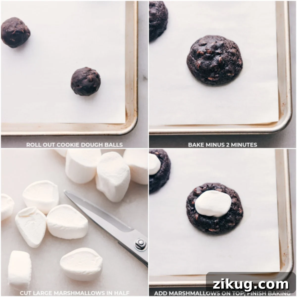 A step-by-step visual guide showing cookie dough being rolled, marshmallows being cut in half, and then placed on partially baked cookies.