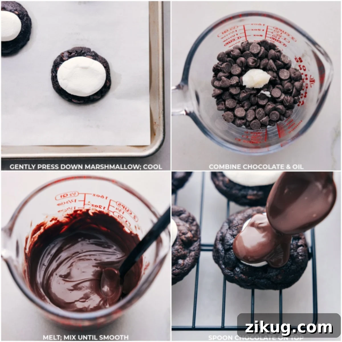 Close-up shots detailing the process of pressing down marshmallows onto cookies and then drizzling melted chocolate over them.