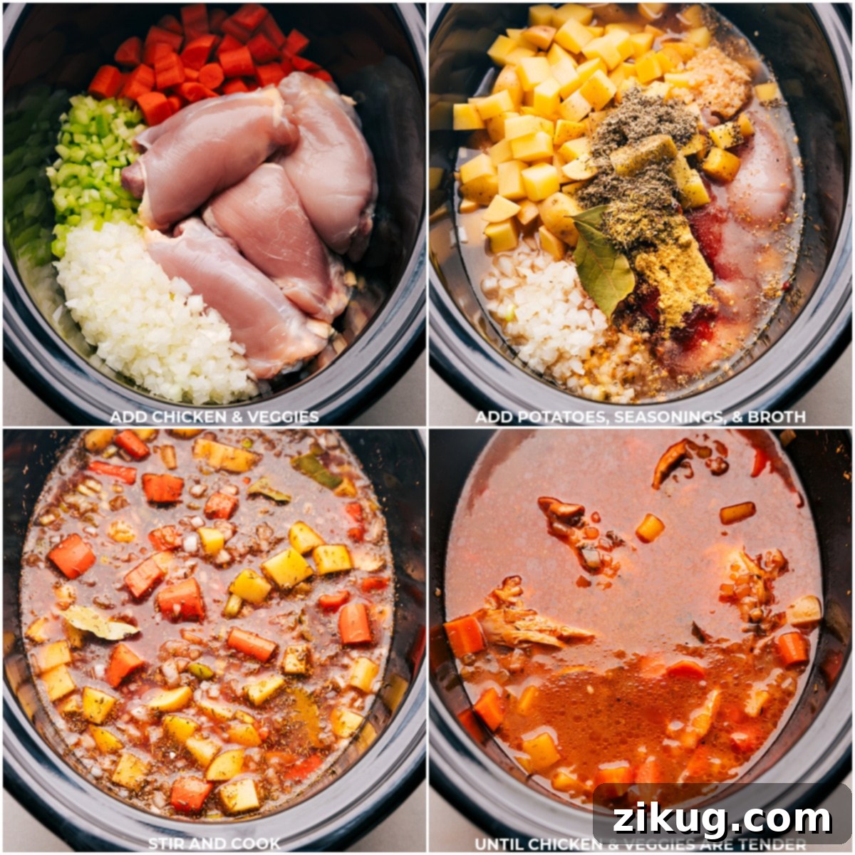 Preparing the Slow Cooker Chicken Stew A slow cooker filled with all the initial ingredients for Crockpot Chicken Stew, including chicken, various chopped vegetables, potatoes, and seasonings, covered in broth.
