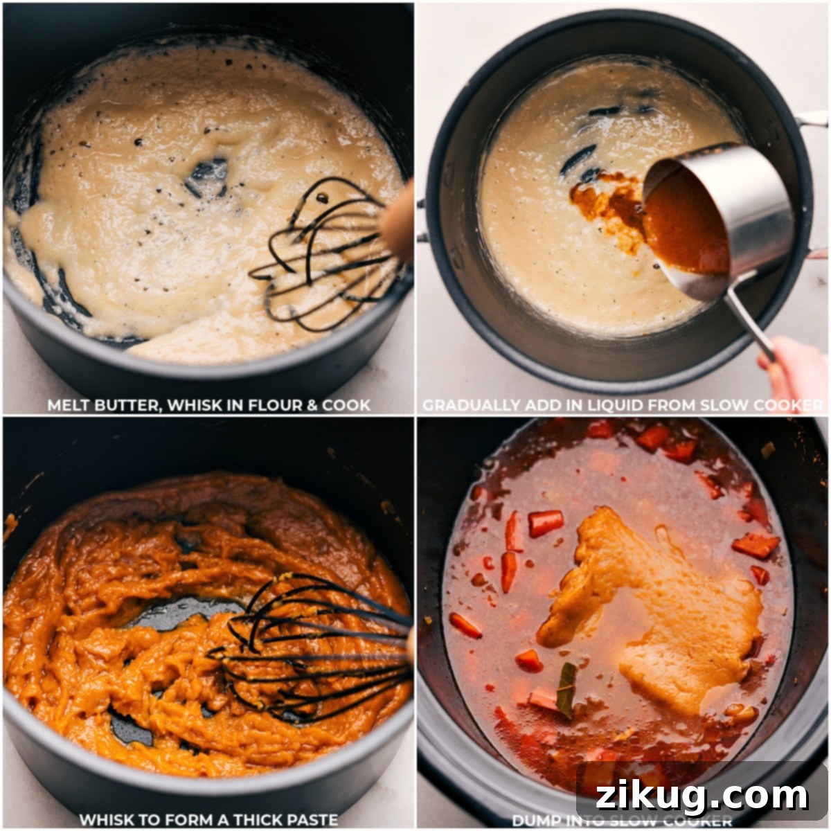 Crafting the Perfect Roux for Your Slow Cooker Stew Melted butter and flour being whisked together in a pot on the stovetop to create a roux, a crucial step for thickening the Crockpot Chicken Stew.