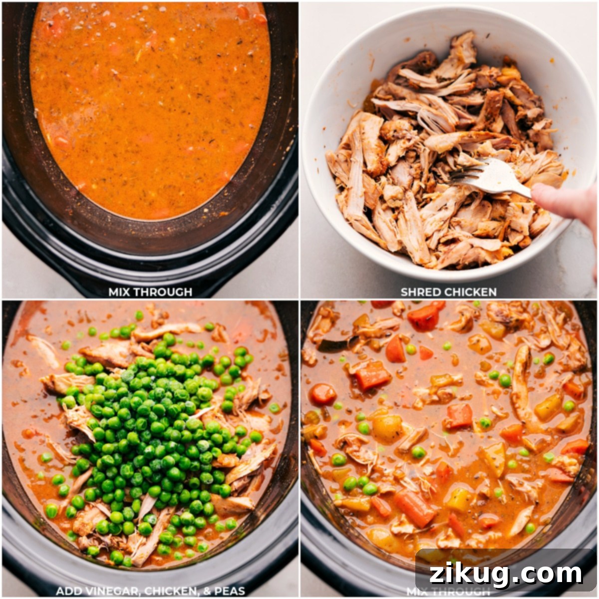 Finishing Touches: Shredding Chicken and Adding Flavor Cooked chicken thighs being removed from the slow cooker, shredded, and then returned to the stew with frozen peas and a splash of balsamic vinegar.
