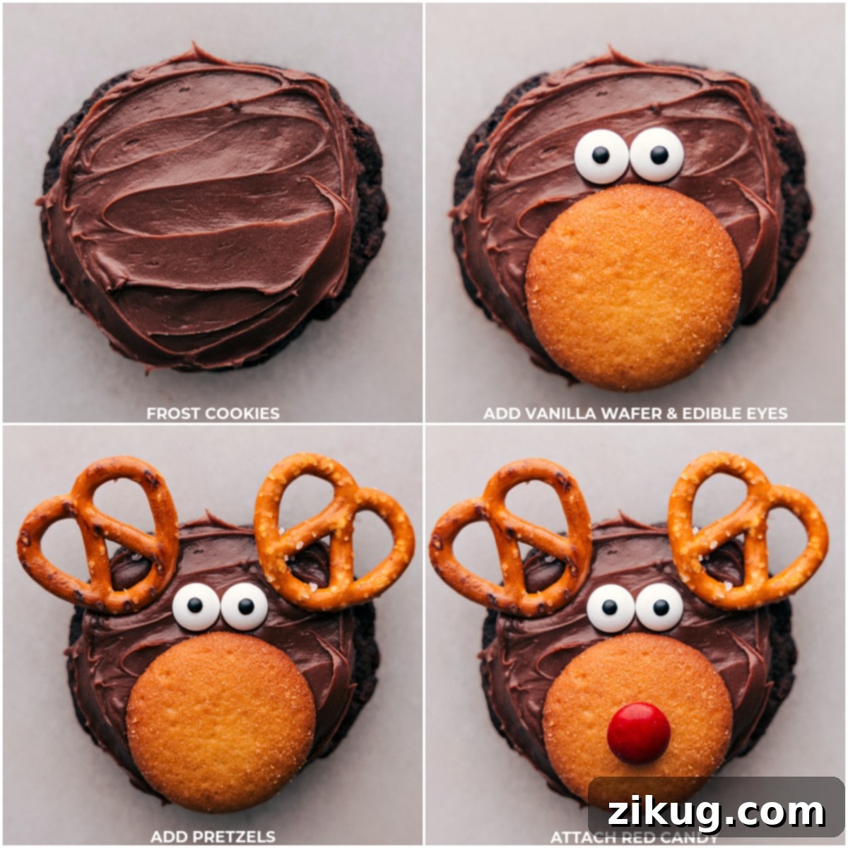 How to Decorate Reindeer Cookies: A Fun & Simple Guide Step-by-step decoration of a Reindeer Cookie: showing the application of chocolate frosting, placement of a vanilla wafer for the face, adding candy eyes, positioning pretzel antlers, and finally, a red candy nose.