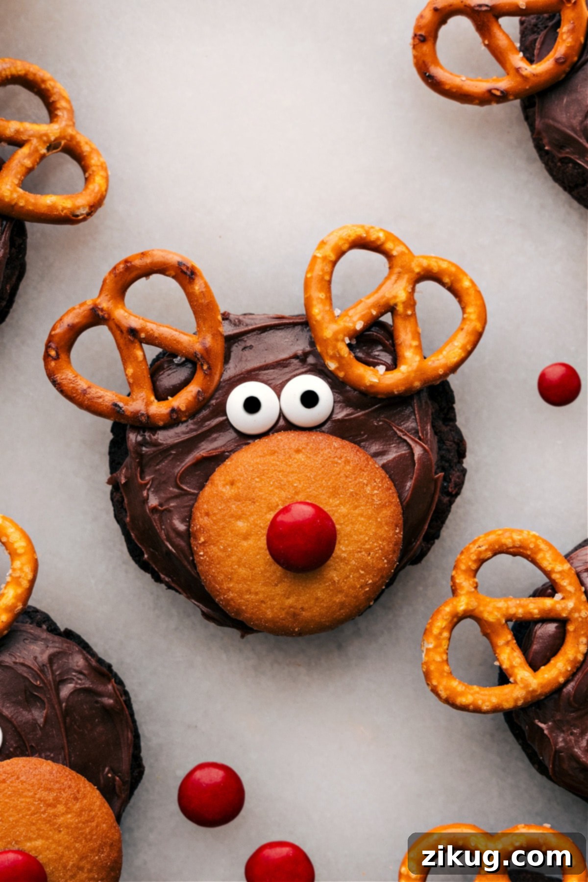 Delicious & Festive Reindeer Cookies: Ready to Enjoy The finished Reindeer Cookies, beautifully decorated and artfully arranged, ready to be served and savored as a delicious and festive holiday dessert.