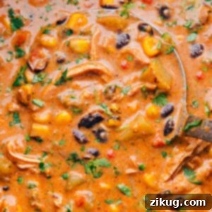A warm pot of hearty southwestern corn chowder, ready to be enjoyed, with visible ingredients like corn, peppers, and herbs.