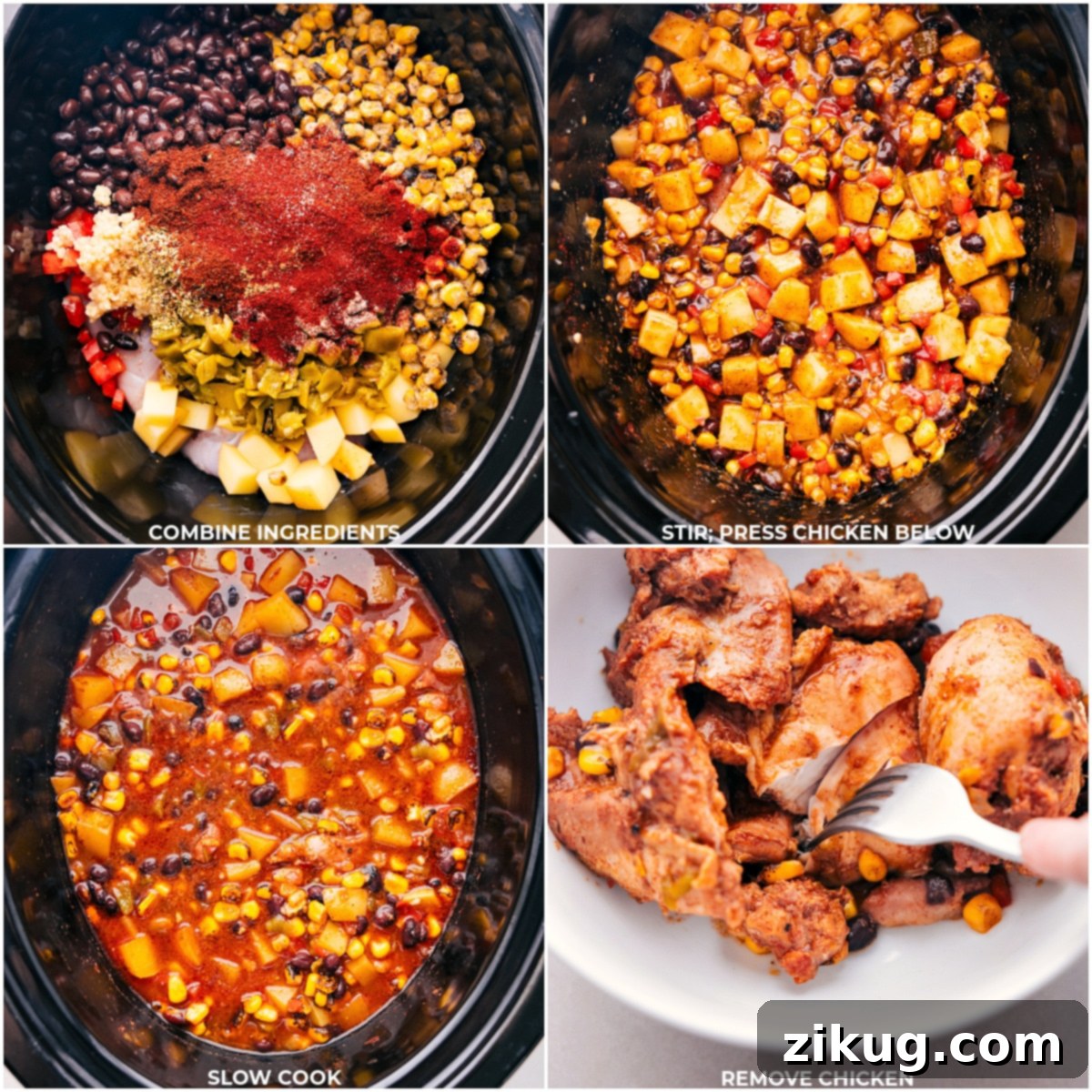 All ingredients, including peppers, potatoes, chicken, and spices, are combined and stirred in a slow cooker, with the chicken pressed below for slow cooking. The chicken is later removed for shredding.