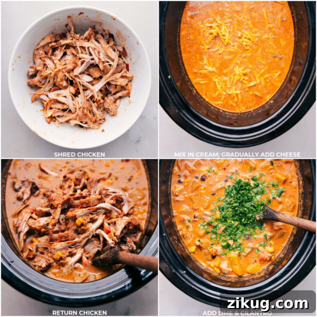 The cream and cheese being stirred in, shredded chicken added, and garnished with fresh lime and cilantro for enhanced flavor.