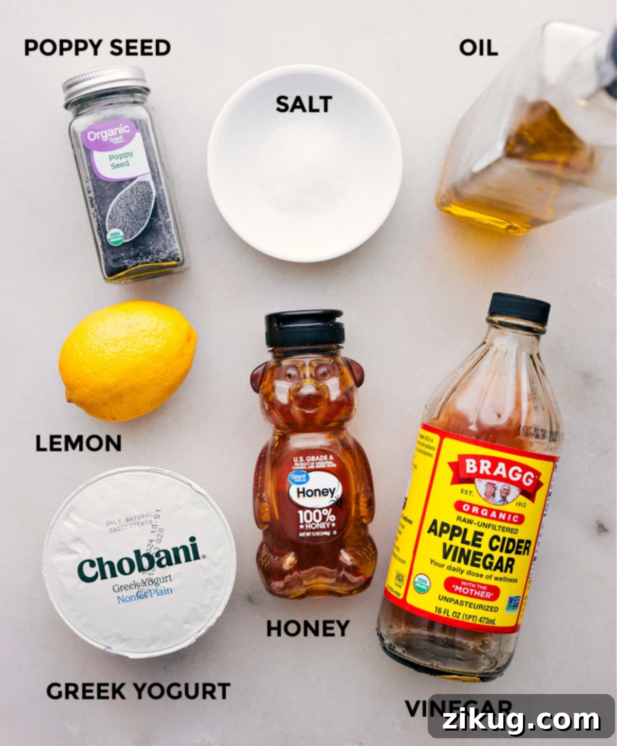 Our Favorite Healthy Lemon Poppy Seed Dressing All the fresh ingredients used in this recipe for easy preparation, laid out on a table.