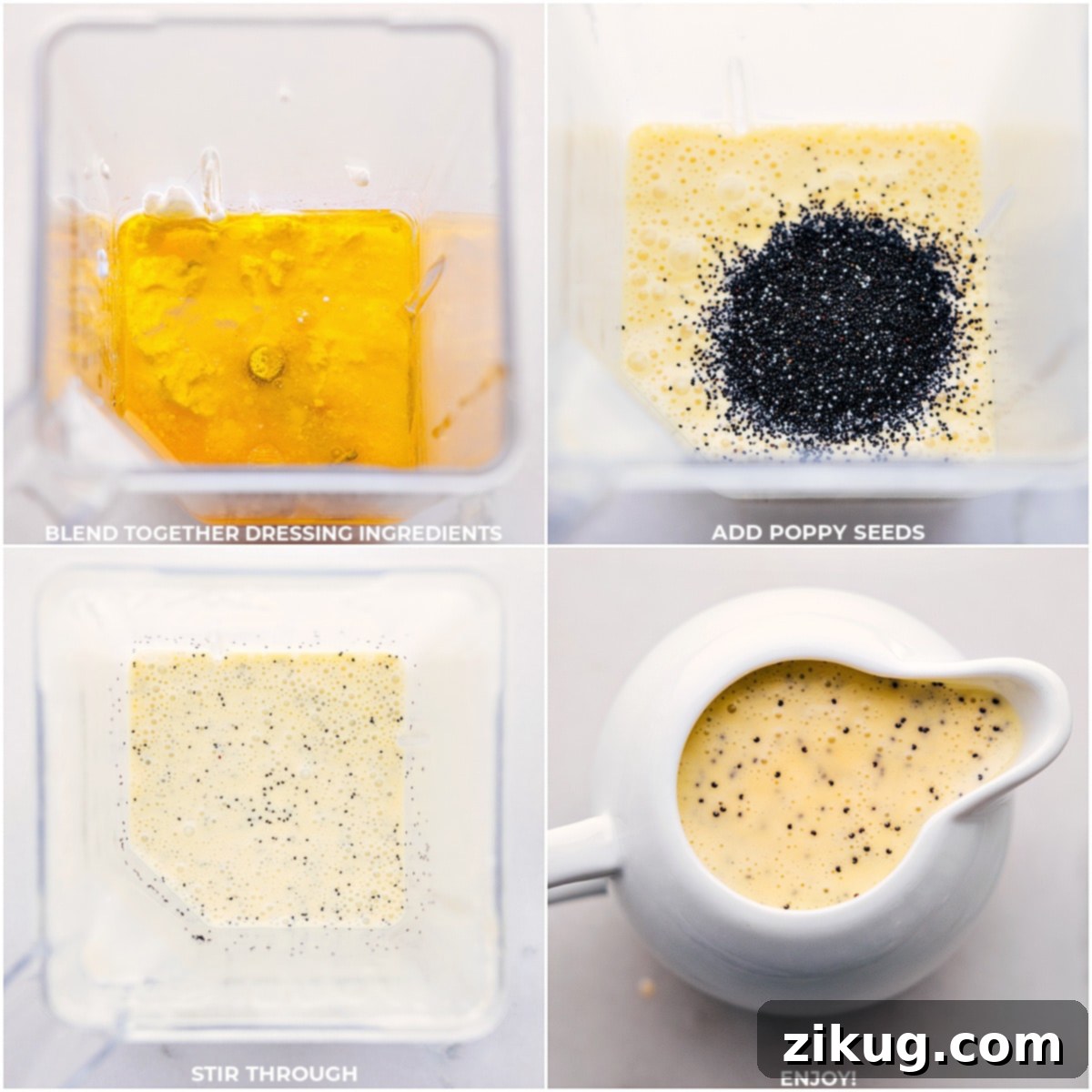 Homemade Lemon Poppy Seed Vinaigrette Adding all the ingredients in this lemon poppy seed vinaigrette to a blender to be blended together, ready for transformation into a creamy dressing.