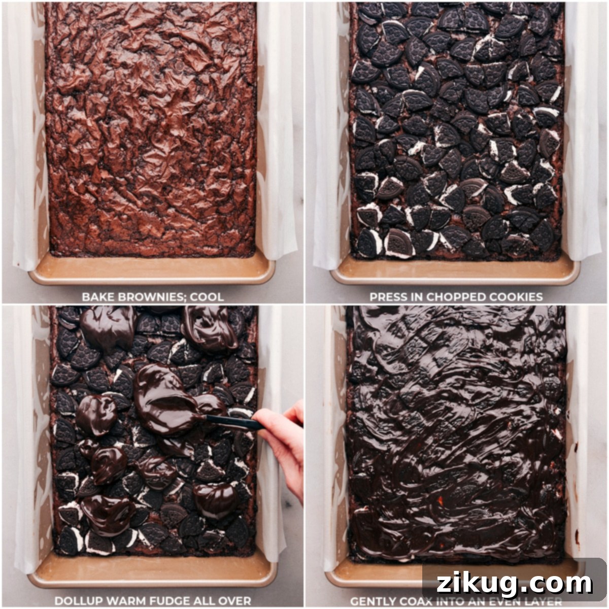 Preparing Layered Peppermint Brownie Ice Cream Bars A step-by-step visual showing the assembly of the Peppermint Brownie Ice Cream Bars: first, a baked brownie base in a parchment-lined tray, then a layer of crushed peppermint Oreo cookies pressed onto the brownie, followed by a warm, glossy chocolate fudge topping being evenly spread over the cookies.