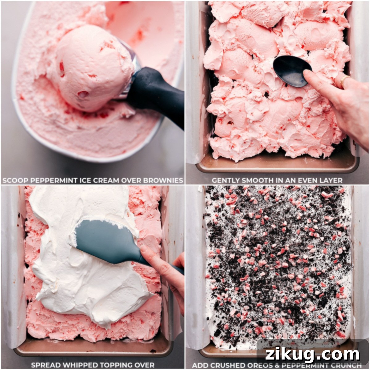 Layering Peppermint Ice Cream over Brownies The final step of assembling the Peppermint Brownie Ice Cream Bars: smooth, creamy peppermint ice cream is spread over the brownie and fudge layers, followed by an elegant topping of whipped cream, artfully garnished with crushed Oreo cookies and festive peppermint candies, creating an enticing, ready-to-freeze dessert.