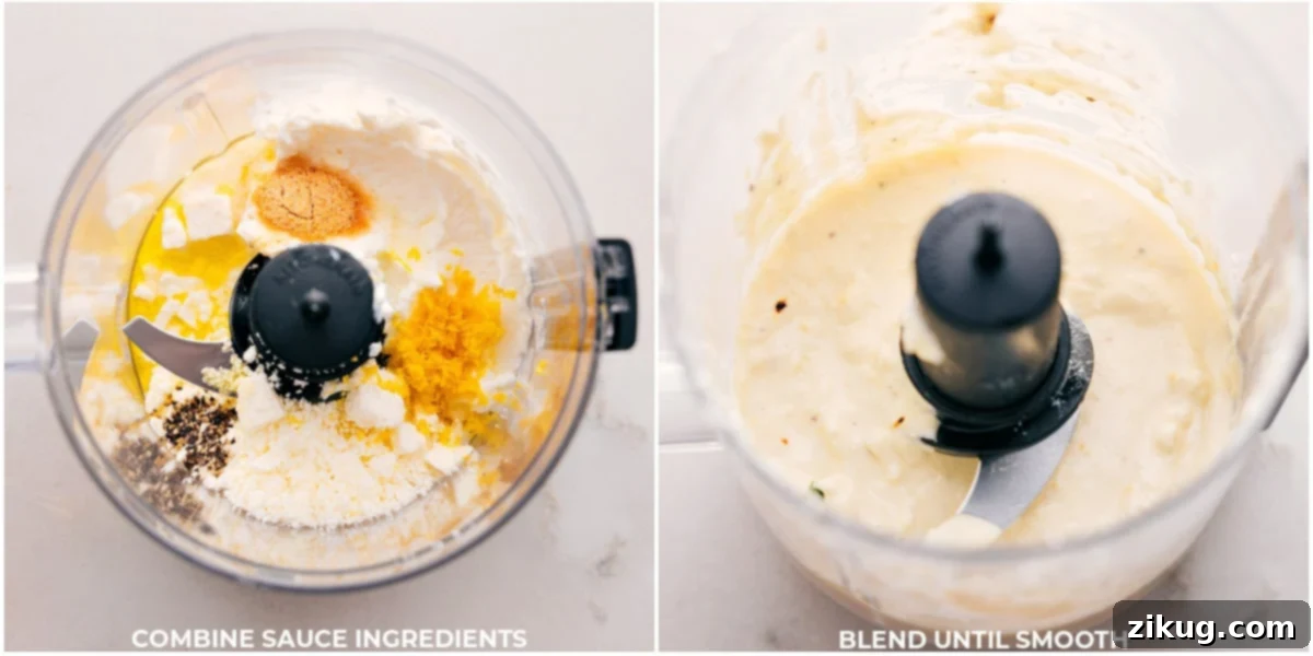 Making Greek Turkey Meatball Sauce Combining sauce ingredients in a food processor until smooth and creamy.