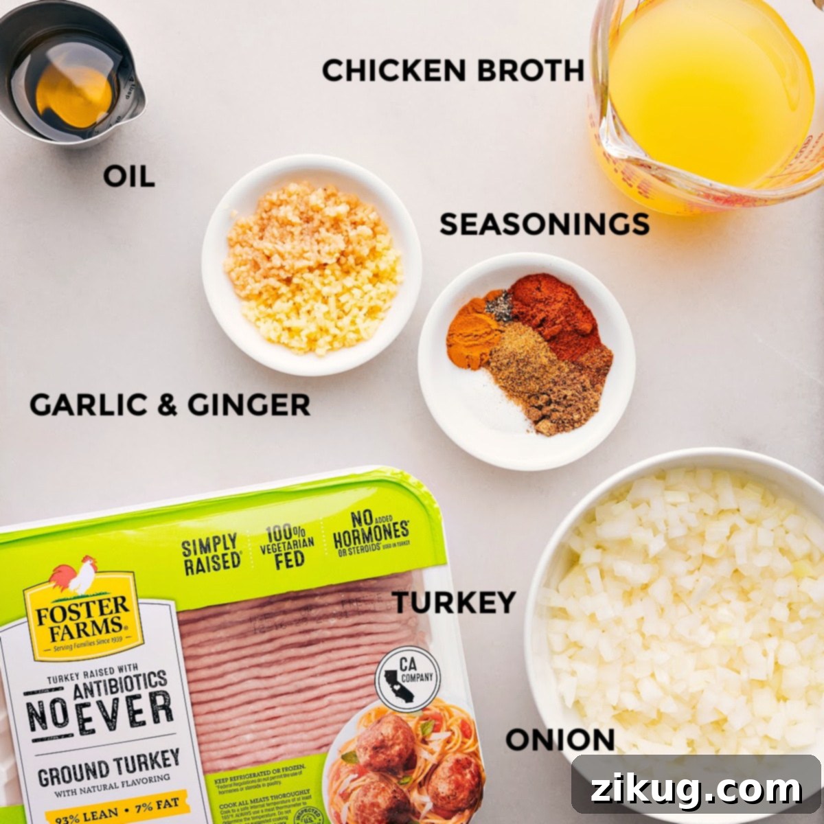 Ingredients for Flavorful Indian Ground Turkey and Rice Meal A vibrant collection of fresh ingredients laid out, including lean ground turkey, neatly chopped yellow onions, fragrant garlic and ginger, various vibrant Indian spices like garam masala and turmeric, and a carton of rich chicken broth, all prepared and ready to be combined into a delicious Indian Ground Turkey and Rice Meal.