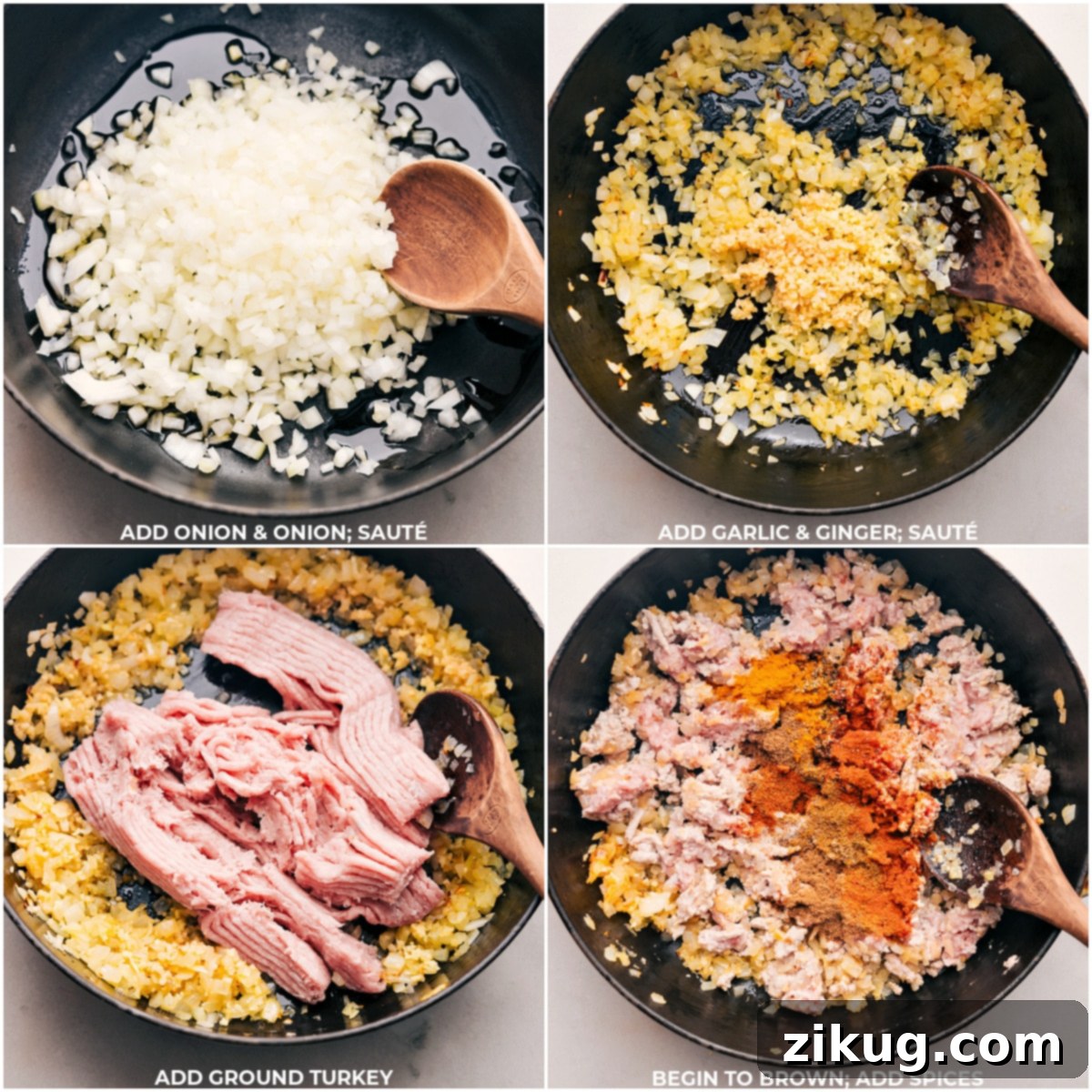 Sautéing Aromatics with Ground Turkey and Infusing Indian Spices A large cast-iron skillet showcasing the cooking process for Indian Ground Turkey Bowls. Initially, diced onions, minced garlic, and fresh ginger are sautéed until softened, followed by the addition of lean ground turkey that begins to brown. Finally, a colorful array of fragrant Indian spices is sprinkled over the browning turkey, ready to be stirred in and develop the rich flavors.