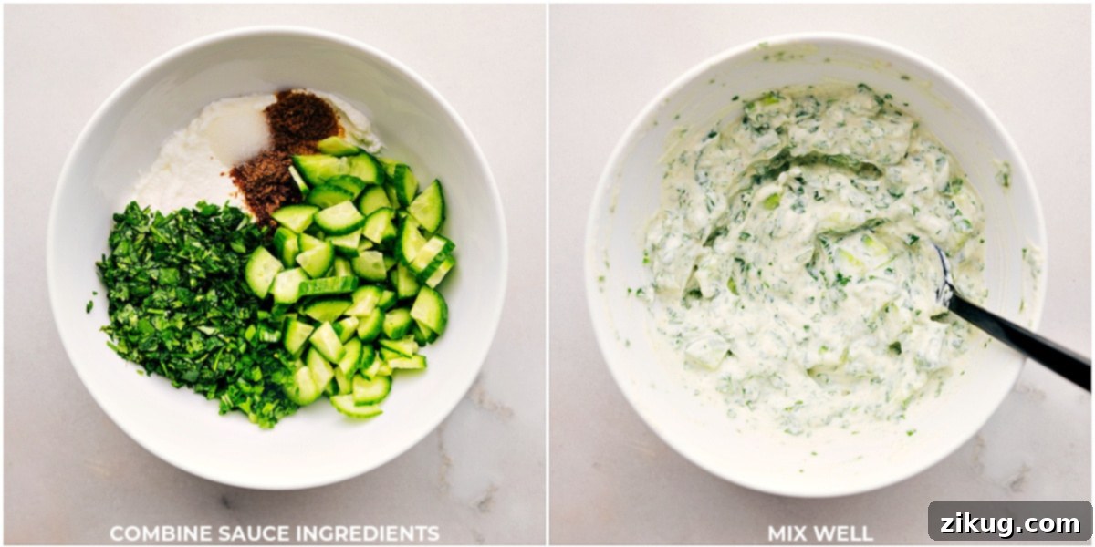 Mixing Fresh Ingredients for Refreshing Cucumber Yogurt Sauce A bowl filled with freshly chopped cucumber, vibrant green cilantro, and green onions, waiting to be combined with creamy Greek yogurt and spices to create the refreshing cucumber yogurt sauce for the Indian Ground Turkey Bowls.