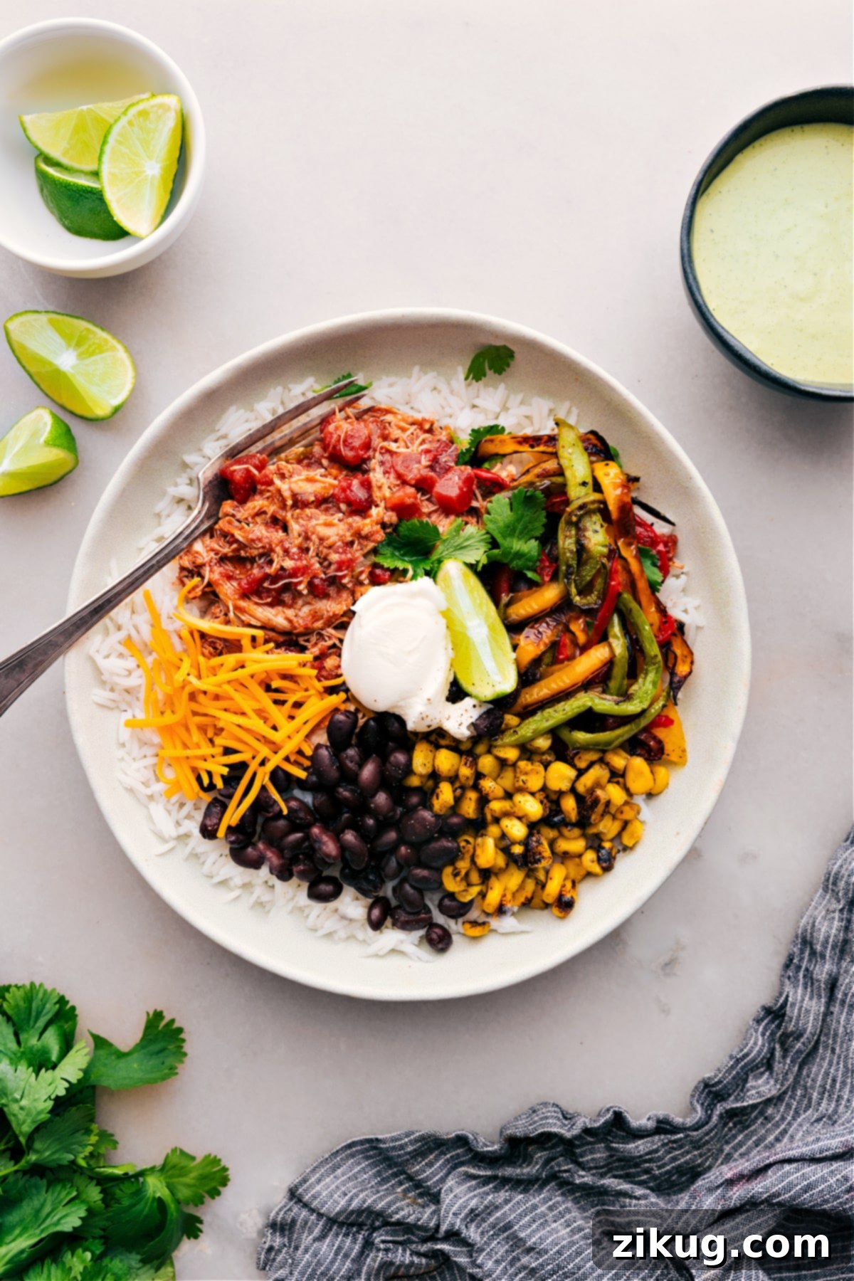 Big bowl of Salsa Chicken Crockpot ready to be enjoyed with fresh toppings like cilantro and lime.