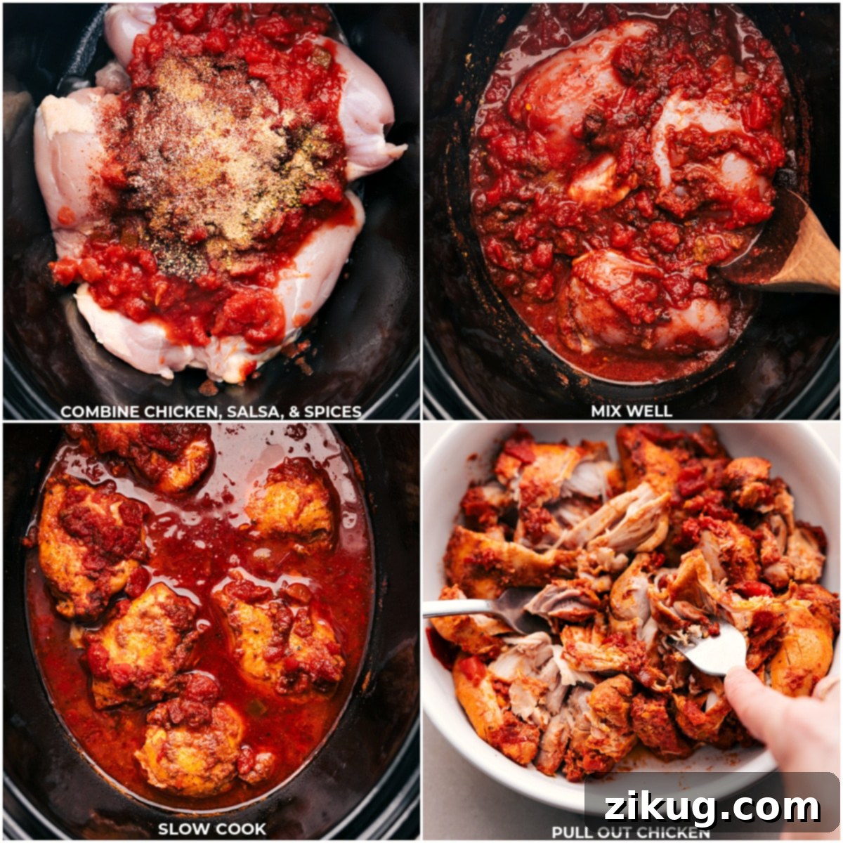 All the ingredients being added to a crockpot for this Salsa Crockpot Chicken, demonstrating the simple 'dump and go' preparation.