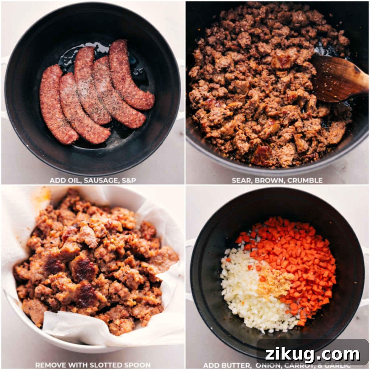 Preparing the Base for Our Favorite Italian Sausage Pasta Soup Italian sausage browning in a large pot, followed by butter, diced yellow onion, carrots, and minced garlic being sautéed, demonstrating the initial steps for Italian Sausage Pasta Soup.