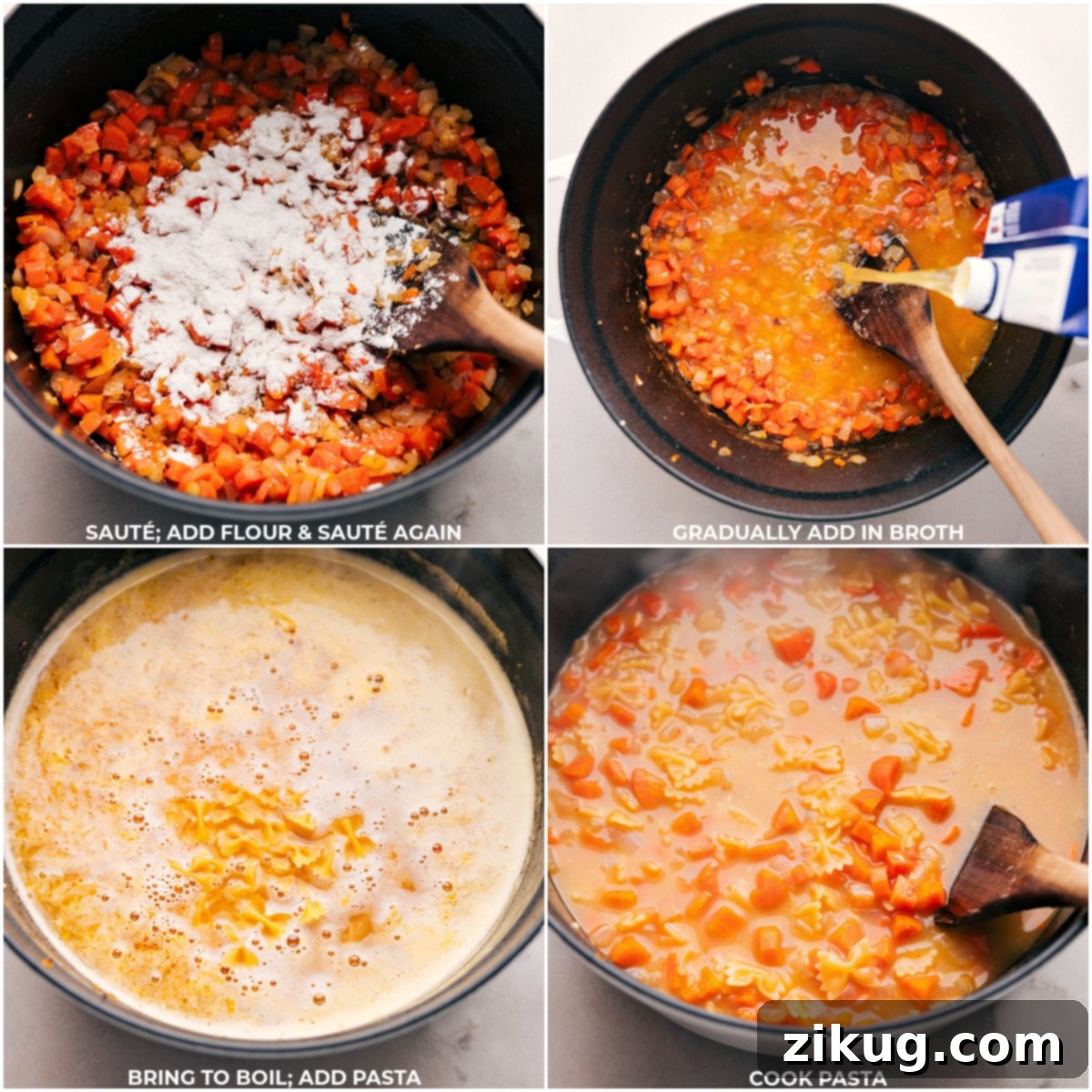 The Most Delicious Italian Sausage Pasta Soup Comes Together Flour being sprinkled into the pot with sautéed vegetables, followed by chicken broth and mini bowtie pasta, all cooking together to form the creamy Italian Sausage Pasta Soup base.