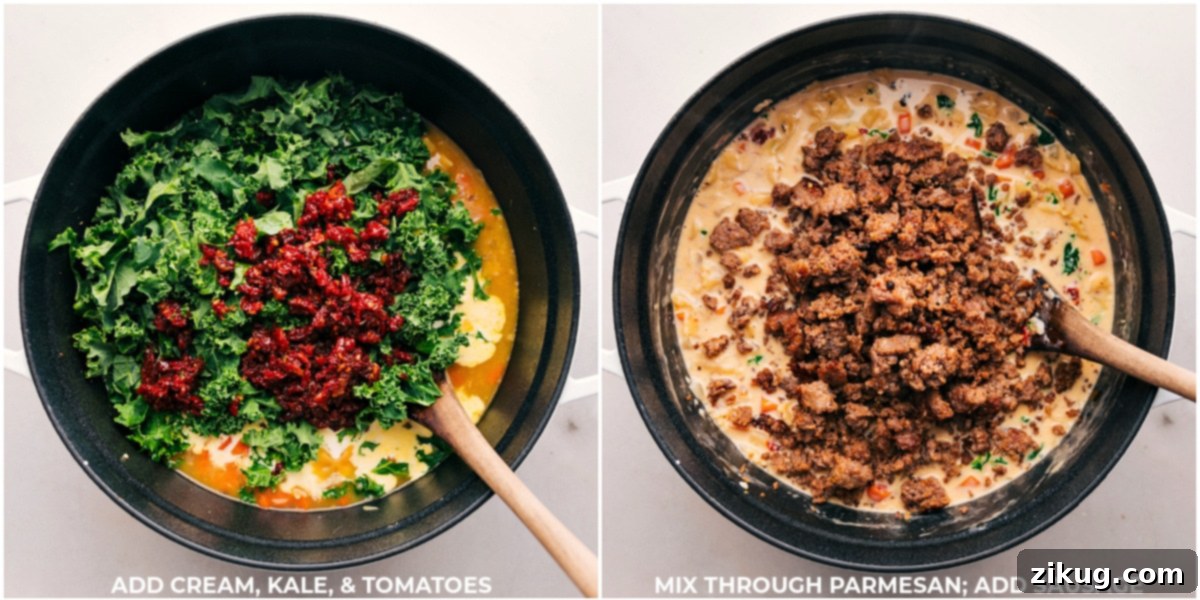 Finishing Touches on Our Favorite Italian Sausage Pasta Soup Heavy cream, vibrant kale, sun-dried tomatoes, and the cooked Italian sausage being added to the pot, completing the Italian Sausage Pasta Soup.