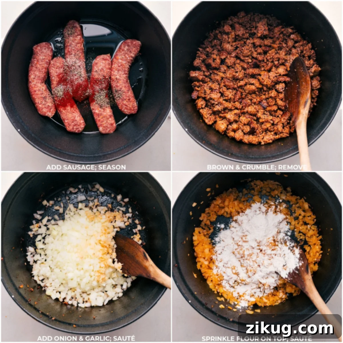 Cooking Sausage and Onion for Tuscan Sausage & Potato Soup Adding sausage to the pot, seasoning, browning, and crumbling it, then adding in onion and garlic, followed by adding flour and stirring and sautéing, a key step in preparing Tuscan Sausage Potato Soup.