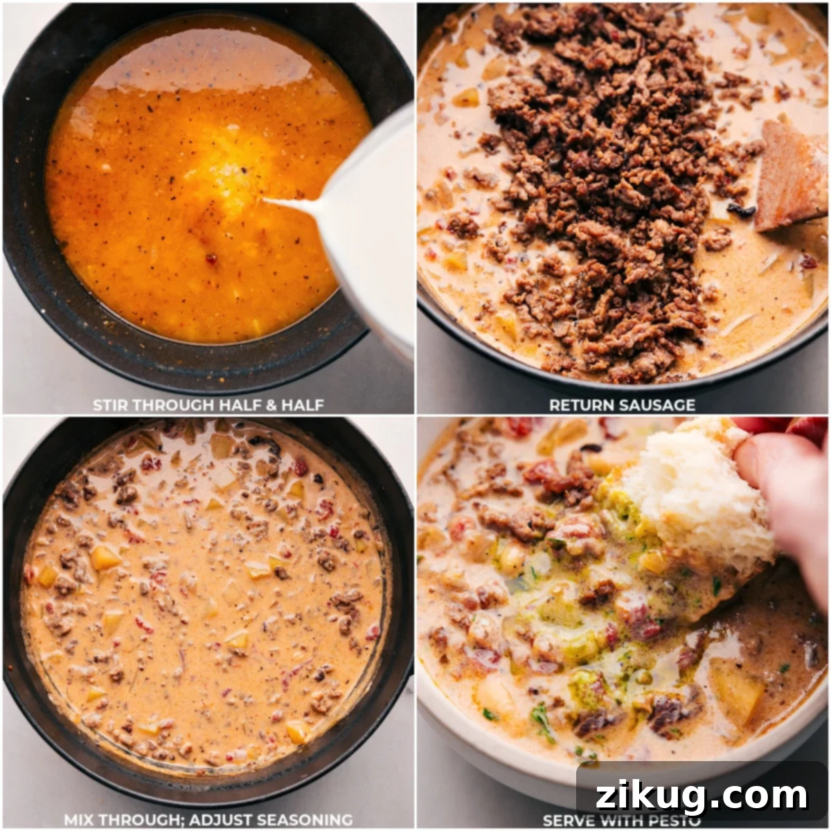 Adding Half and Half, Returning Sausage, and Serving Tuscan Sausage & Potato Soup Stirring in half-&-half, returning the sausage to the soup, mixing it through, and serving Tuscan Sausage and Potato Soup with a drizzle of pesto for added flavor.