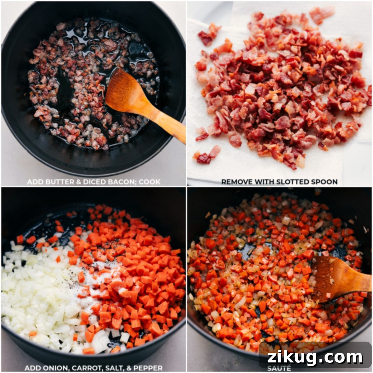 Step-by-step visuals for creating Cheesy Potato Soup. A visual guide showing process shots of cooking bacon, sautéing vegetables, and simmering potatoes to make Cheesy Potato Soup.