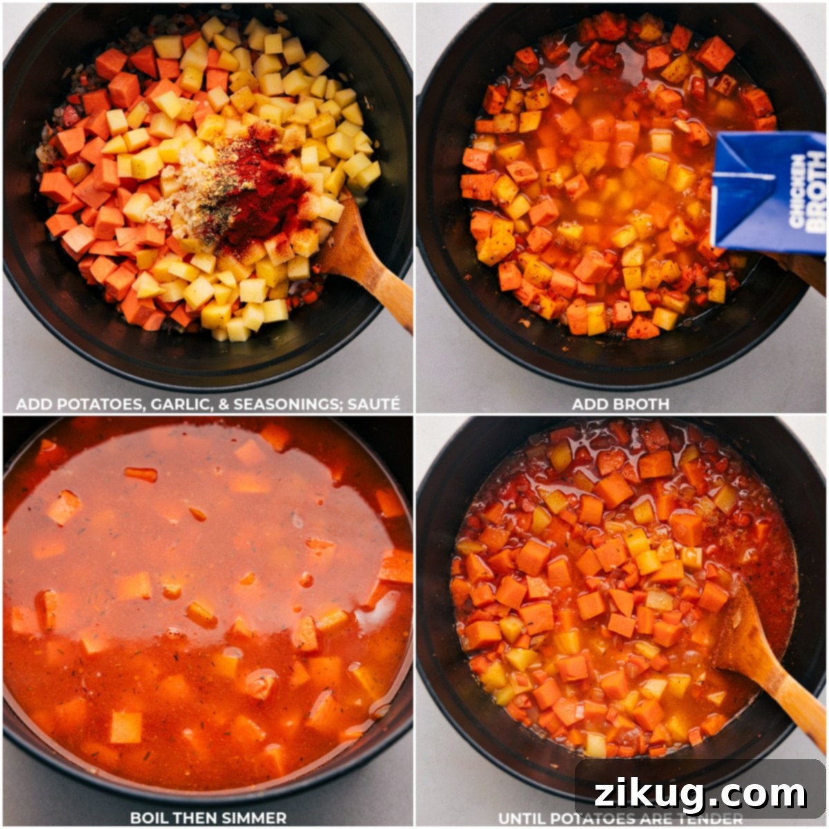 Cheesy Potato Soup: a warm hug in a bowl, ready to enjoy! A series of three process images illustrating the final steps of Cheesy Potato Soup preparation: mashing potatoes, adding cheese, and the finished garnished bowl.