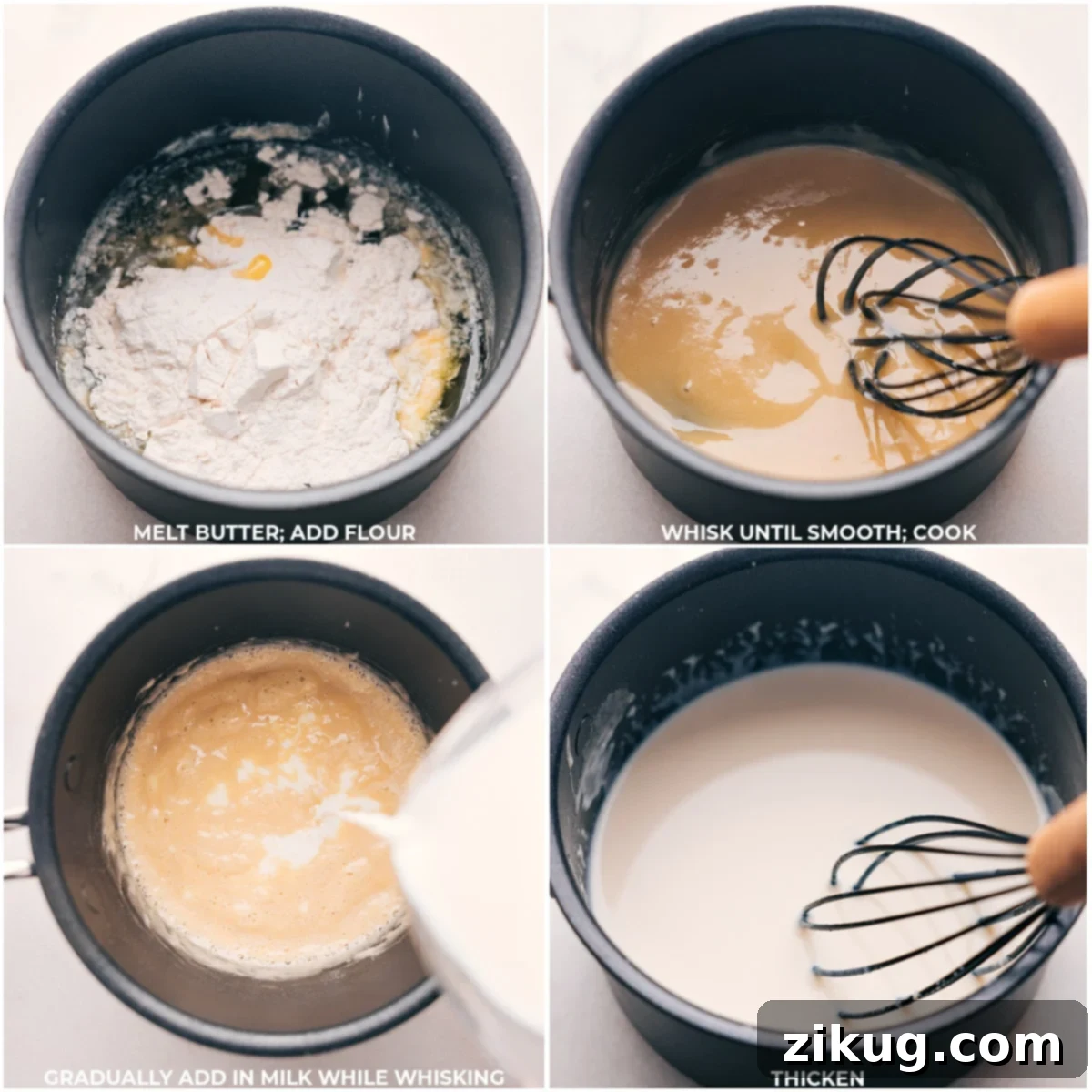 A warm and comforting Cheesy Potato Soup makes cold winter evenings truly bearable. The process of making a roux: butter melting in a pot, flour being added and whisked until smooth, followed by the gradual addition of milk to create a thick, creamy base.