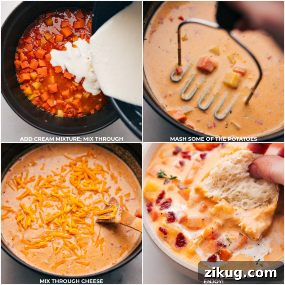 Feeling cold and miserable? Cheesy Potato Soup makes you feel all better with its comforting warmth. A collage of process images showing the progression of making Cheesy Potato Soup, from ingredients to the final garnished dish.