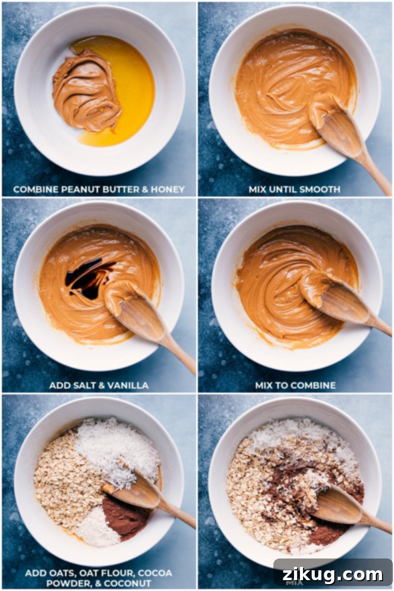 These Chocolate-Peanut Butter Breakfast Cookies are loaded with delicious and satiating ingredients! Recipe via ChelseasMessyApron Process shots: combining almond butter, honey, vanilla, and salt for no-bake chocolate peanut butter breakfast cookies
