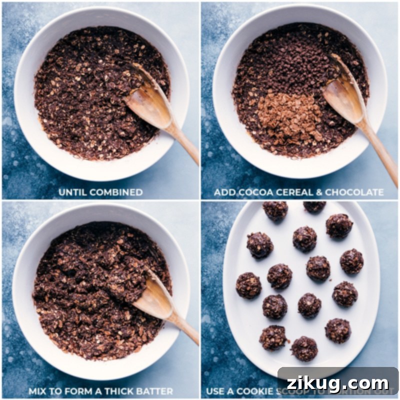 Chocolate-Peanut Butter Breakfast Cookies are loaded with delicious and satiating ingredients! No baking required and great for on-the-go mornings! Recipe via ChelseasMessyApron Process shots: mixing dry ingredients into the wet mixture and forming cookie balls for no-bake chocolate peanut butter breakfast cookies