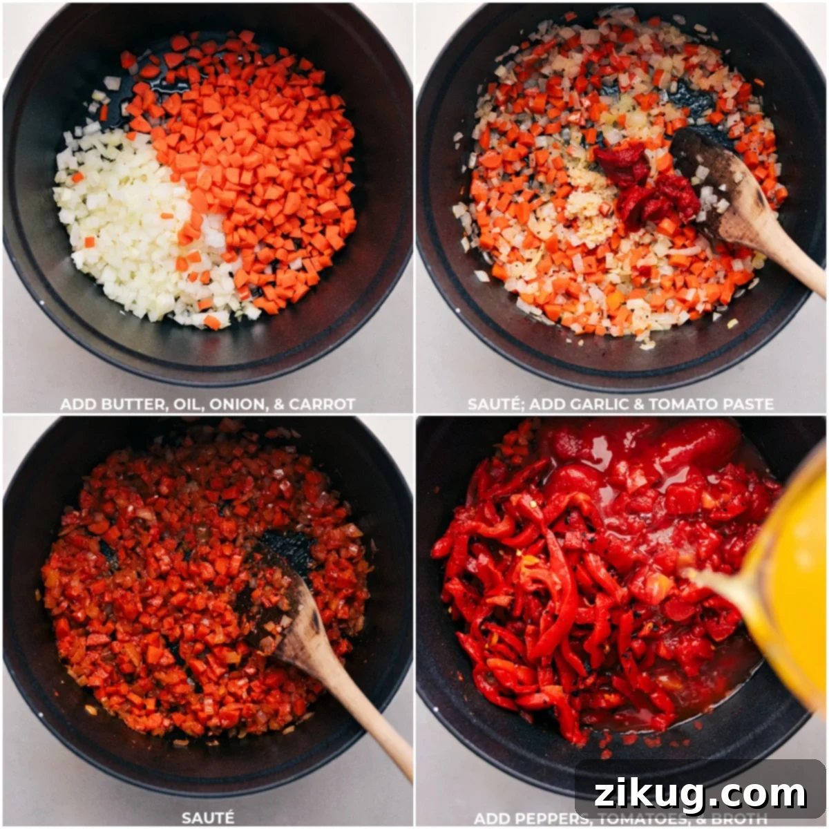 Process shots: Veggies sautéing, then garlic, peppers, tomatoes, and broth being added to the pot for Roasted Red Pepper Soup