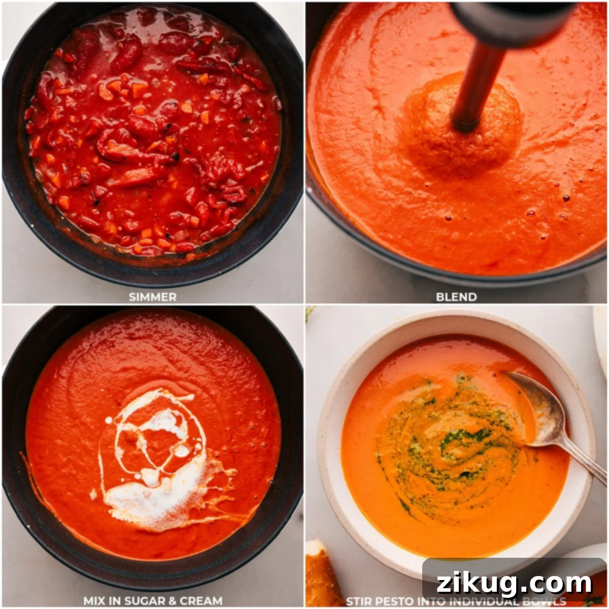 Roasted Red Pepper Soup being blended with an immersion blender, then sugar and cream being mixed in for a perfect finish