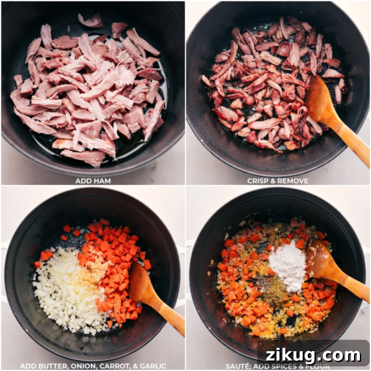 Ham being crisped and then the veggies being sauteed; then spices and flour being added to the pot for this Ham and Bean Soup.