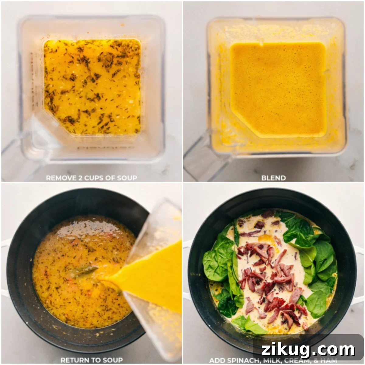 Part of Ham and Bean Soup being blend together, then spinach, milk, cream, and ham being added to the pot.