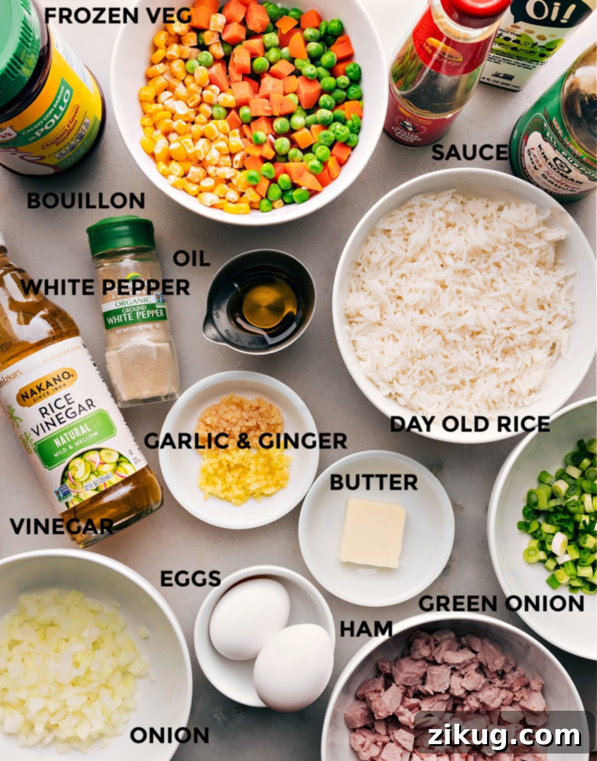 Ingredients In Ham Fried Rice All the fresh ingredients used in this ham fried rice dish, meticulously prepped and laid out on a clean surface, ready for cooking.