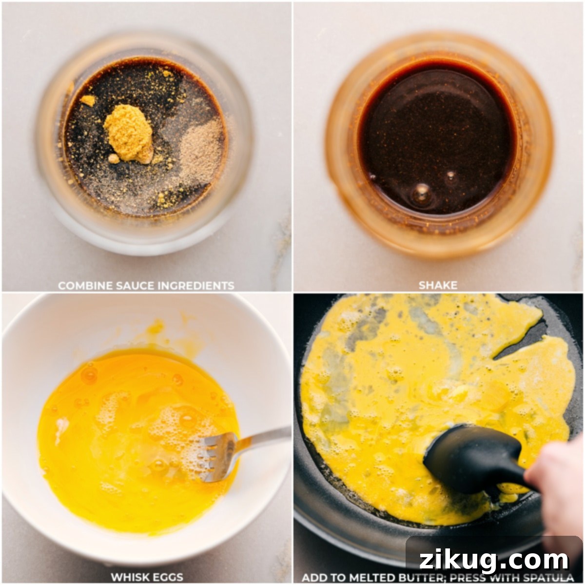 Making Ham Fried Rice A split image showing the sauce ingredients being whisked in a bowl on top and eggs being perfectly cooked in a skillet below, both essential steps in making Ham Fried Rice.