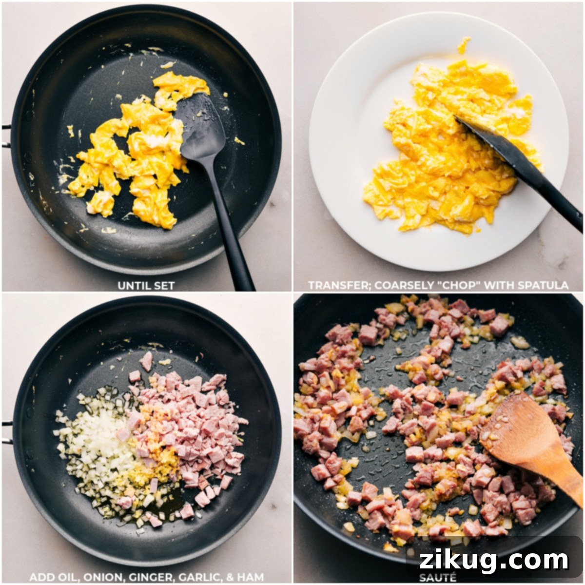 Our Favorite Ham Fried Rice A sequence of cooking images showing eggs being finished, followed by onions, ginger, garlic, and diced ham sizzling in a hot skillet, building layers of flavor for the Ham Fried Rice.