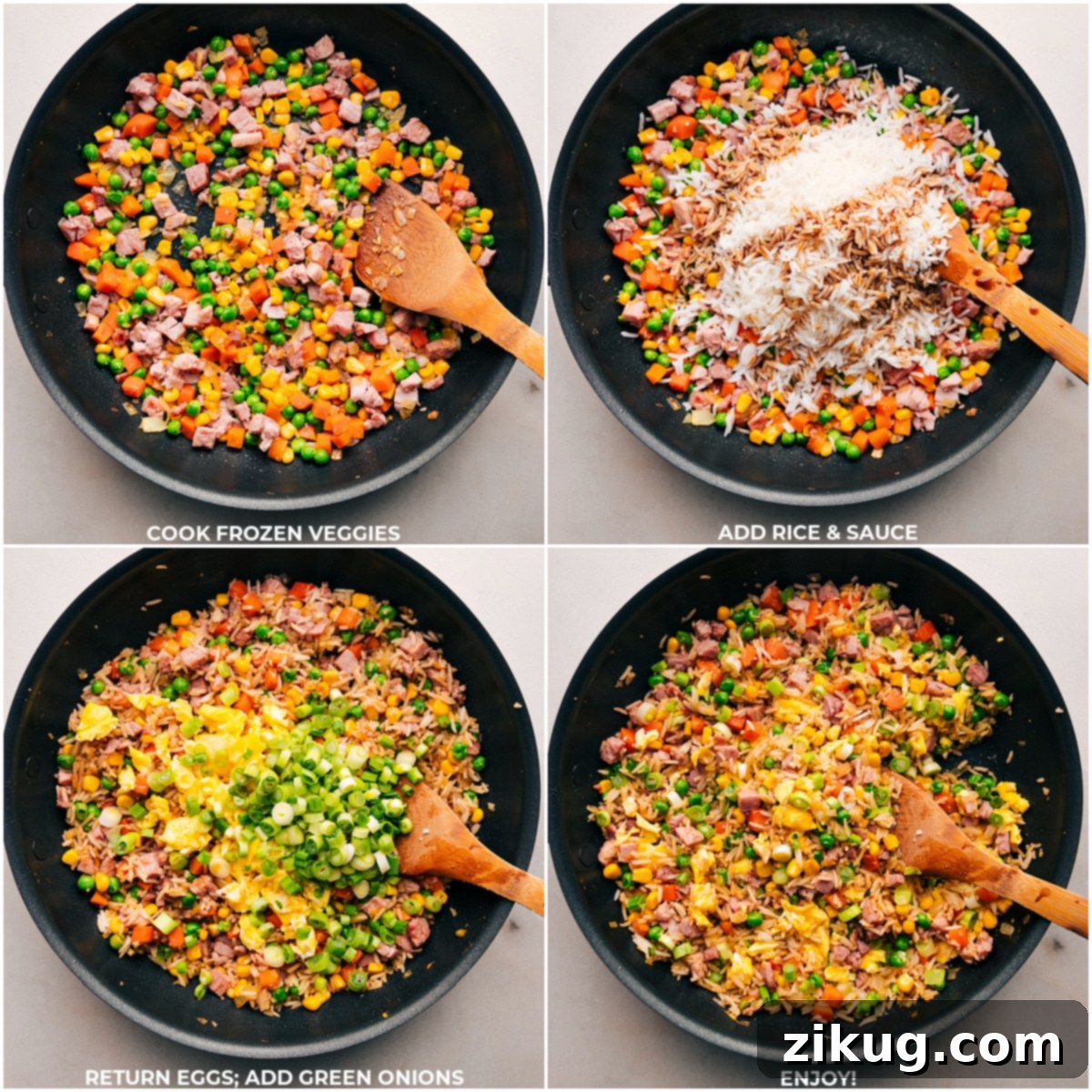 Creating The Best Ham Fried Rice A dynamic sequence of images showing the addition of frozen vegetables, followed by day-old rice, the savory sauce, and finally scrambled eggs and green onions being mixed into the wok for a flavorful Ham Fried Rice.