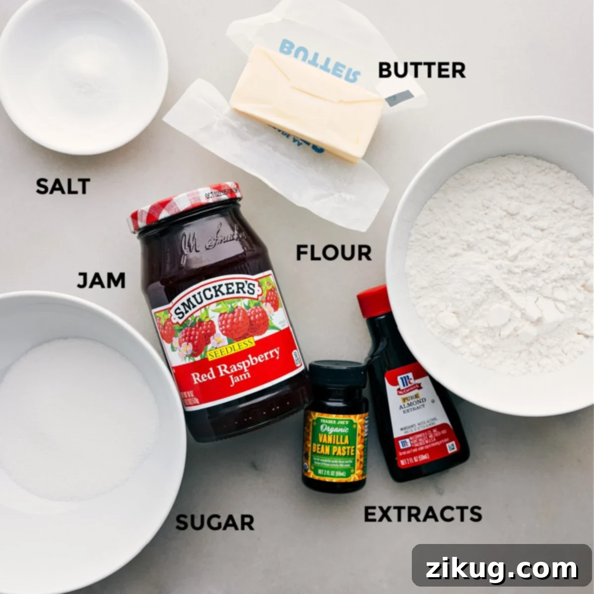 Everyone's favorite Costco Raspberry Crumble Cookies Ingredients all prepped out and ready for this recipe