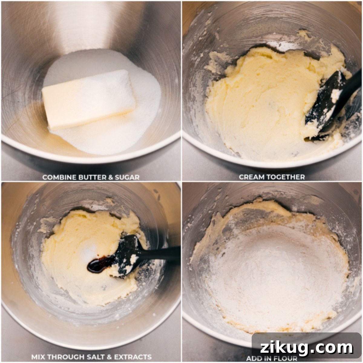Butter and sugar being creamed together, then salt, extracts, and flour being added for these Costco's Raspberry Crumble Cookies. Four images demonstrating the first steps to make Costco's Raspberry Crumble Cookies