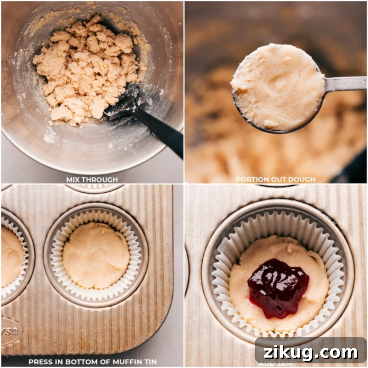 Butter and sugar being creamed together, then salt, extracts, and flour being added for these Costco's Raspberry Crumble Cookies. Four images demonstrating the next steps to make Costco Raspberry Crumble Cookies